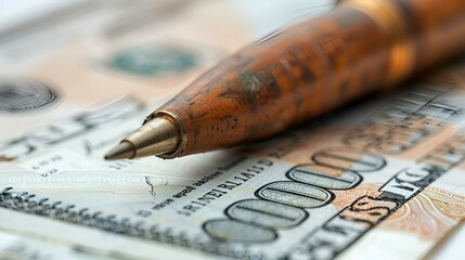 Pen resting on US dollar bill, symbolizing financial concept.