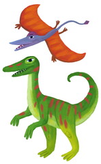 cartoon happy and funny colorful prehistoric dinosaur dino gallimimus and quetzalcoatlus pterodactyl bird rhamphorhynchus flyingisolated illustration for children © honeyflavour