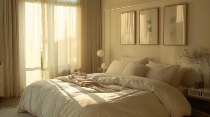 cozy minimalist bedroom soft neutral tones natural light plush bedding sleek furniture calming atmosphere