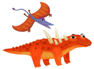 cartoon happy and funny colorful prehistoric dinosaur dino sauropelta and quetzalcoatlus pterodactyl rhamphorhynchus bird flying isolated illustration for children © honeyflavour