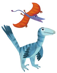 cartoon happy and funny colorful prehistoric dinosaur dino and quetzalcoatlus pterodactyl bird rhamphorhynchus flying deinonychus isolated illustration for children