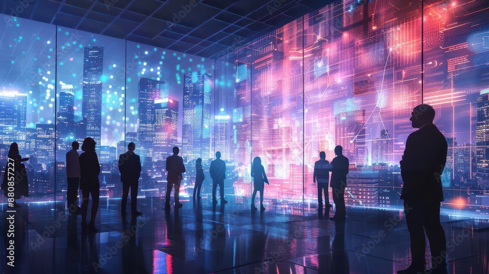 Aufkleber diverse group of business professionals engaged in animated discussion holographic data projections 