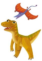 cartoon happy and funny colorful prehistoric dinosaur dino velociraptor and quetzalcoatlus pterodactyl bird rhamphorhynchus flying isolated illustration for children © honeyflavour