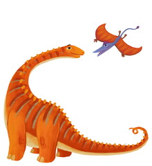 cartoon happy and funny colorful prehistoric dinosaur dino diplodocus and quetzalcoatlus pterodactyl rhamphorhynchus bird flying isolated illustration for children © honeyflavour