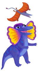 cartoon happy and funny colorful prehistoric dinosaur dino dilophosaurus and quetzalcoatlus pterodactyl rhamphorhynchus bird flying isolated illustration for children