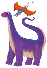 cartoon happy and funny colorful prehistoric dinosaur dino argentinosaurus and quetzalcoatlus pterodactyl rhamphorhynchus bird flying isolated illustration for children © honeyflavour