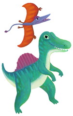 cartoon happy and funny colorful prehistoric dinosaur dino spinosaurus and quetzalcoatlus pterodactyl rhamphorhynchus bird flying isolated illustration for children