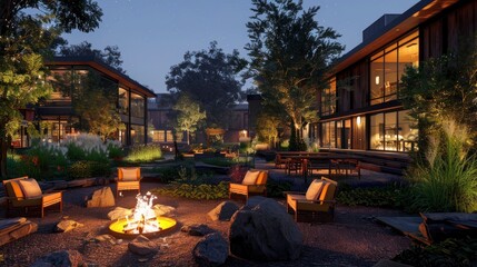 Obraz premium A relaxing evening in a co-living garden, where residents are gathered around a fire pit, enjoying drinks and conversations under the stars.