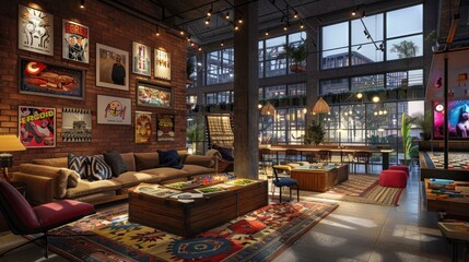 Fototapeta premium A lively game night in a modern co-living lounge, with residents playing board games and video games, surrounded by stylish decor.