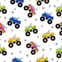 Monster truck  cartoon pattern design .monster truck pattern for kids clothing, printing, fabric ,cover.Monster car seamless pattern.Monster truck on yellow background.