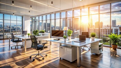 Fototapeta premium Modern business office setting with sleek furniture and blurred background, sunlight reflecting off window glass, creating a bright and professional atmosphere.
