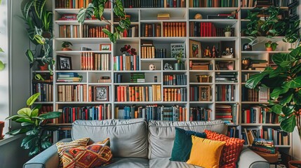 An organized bookshelf in a co-living space, filled with a variety of books, plants, and decorative items, creating a cozy reading corner.