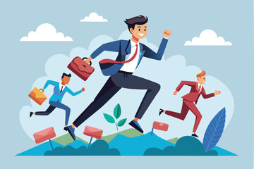 Competitive businessman with spring shoes leaping over rivals, gaining advantage through innovation, efficiency, and skill to win business race