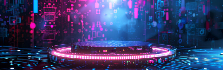 Naklejka premium A futuristic podium on an AI chip with vibrant, glowing lights and bokeh effects.