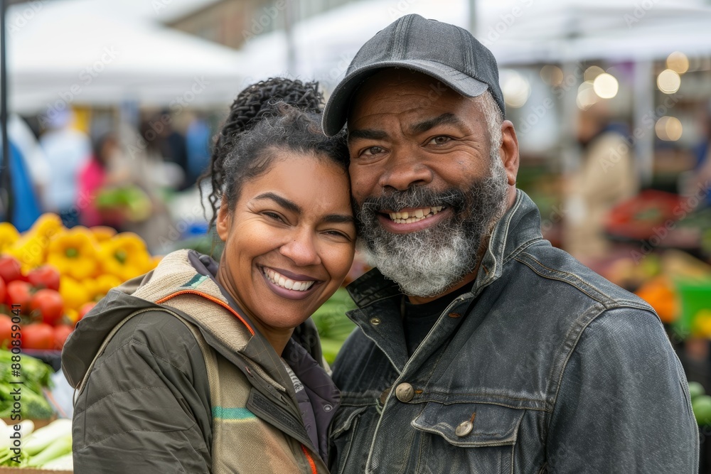 Poster Portrait of a content multiethnic couple in their 40s wearing a windproof softshell isolated in vibrant farmers market