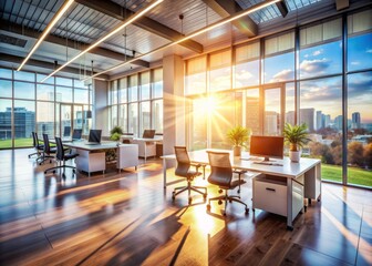 Fototapeta premium Modern business office interior with blurred chairs and desks, sun's warm reflection streaming through floor-to-ceiling windows, capturing the dynamic ambiance of a busy workday.