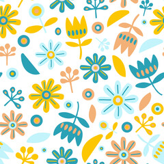 Vector seamless floral pattern, simple forms flowers, blue and yellow doodle pattern for kids
