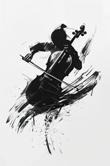 A black and white sketch of a person playing the cello