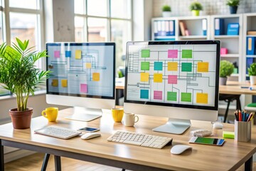 Modern desktop computer with dual monitors displaying wireframes and user flow diagrams, surrounded by colorful sticky notes and design materials on a tidy workspace.