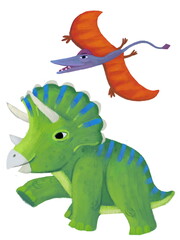 cartoon happy and funny colorful prehistoric dinosaur dino triceratops and quetzalcoatlus pterodactyl rhamphorhynchus bird flying isolated illustration for children © honeyflavour