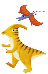 cartoon happy and funny colorful prehistoric dinosaur dino parasaurolupus and quetzalcoatlus pterodactyl bird flying isolated illustration for children