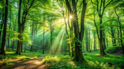 Obraz premium Vibrant green foliage of lush forest lungs surrounds a serene clearing, dappled light filtering through dense trees, symbolizing tranquility and connection with nature's essence.