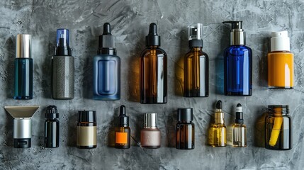 Men&rsquo;s Grooming Essentials: Stylish Cosmetic Bottles on Concrete