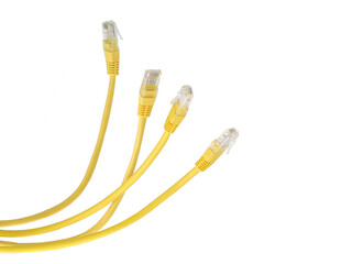 Yellow network cables with molded RJ45 plug on transparent background (PNG File)