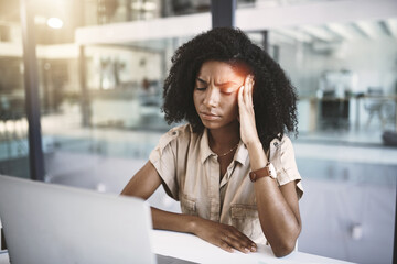 Frustrated woman, stress and laptop with headache in pain, debt or depression at office. Tired...