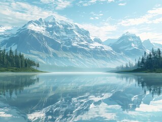 Fototapeta premium serene mountain lake landscape mirrorlike reflections majestic peaks ethereal atmosphere emphasis on natural beauty tranquil mood
