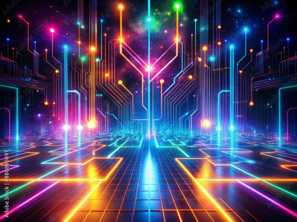 Poster vibrant neon lights and circuits intersect on a futuristic dark background, forming a mesmerizing ab