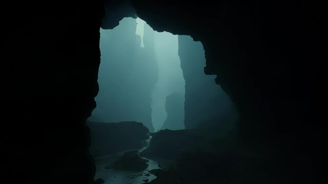 A dark ominous cave system filled with mysterious shadows and treacherous crevices.