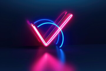 Blue and pink color light glowing check mark icon. Check mark symbol glowing neon light