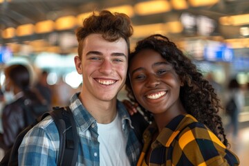 Obraz premium Portrait of a smiling multiethnic couple in their 20s wearing a comfy flannel shirt while standing against bustling airport terminal background