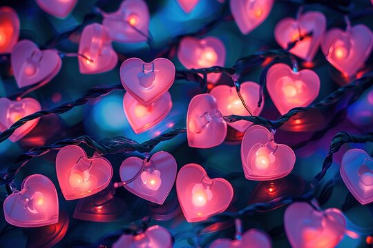 Composition of pink neon hearts on a black background