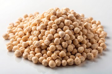 Freshly spilled heap of creamy white chickpeas with subtle shadows scattered on a clean, minimalist white background, perfect for food or culinary themes.