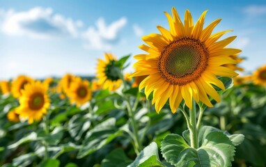 Obraz premium A vibrant sunflower blooms in a field of sunflowers, with a clear blue sky and fluffy white clouds above.