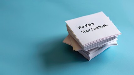 Stack of feedback forms on blue background