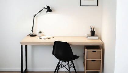 desk featuring a single work lamp illuminating an orderly arrangement of notebooks and books, light-colored wood or white desk, black metal chair frame
