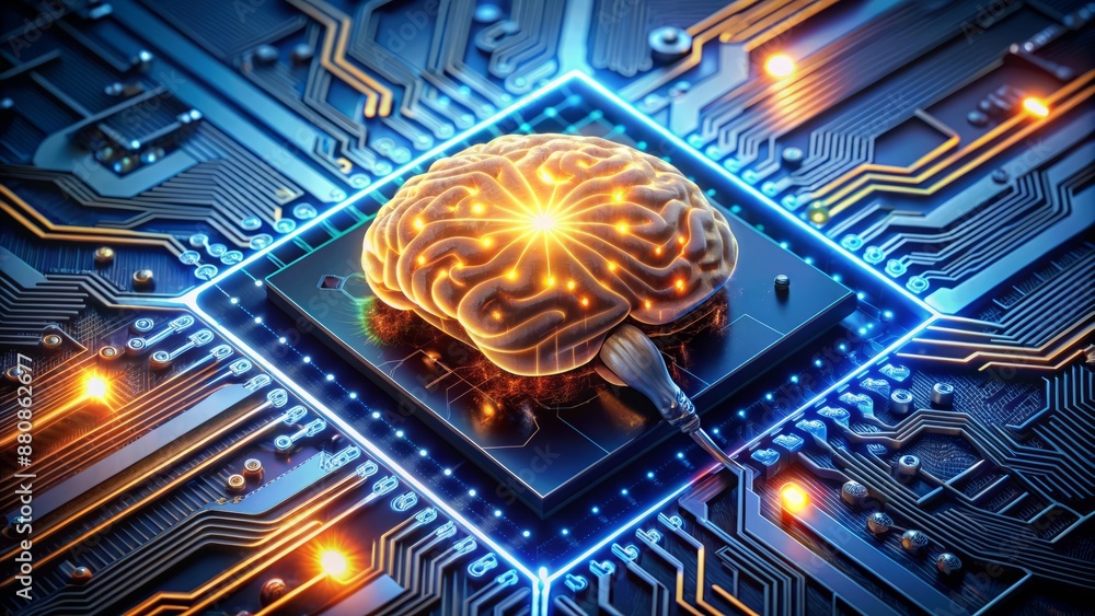 Poster futuristic brain-shaped microchip connected to a glowing motherboard, surrounded by circuitry and wi