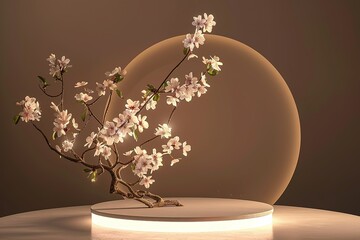futuristic glowing neon in dark background, beige podium. Round display, sakura white flower tree branch. Cosmetic or beauty product promotion step stone floral pedestal. Abstract minimal 
