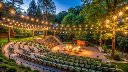 Naklejka premium A serene summer evening atmosphere captured at an outdoor amphitheater, adorned with lush greenery, twinkling lights, and comfortable seating for an enchanting cultural experience.