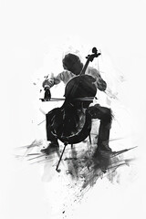 A black and white sketch of a person playing the cello