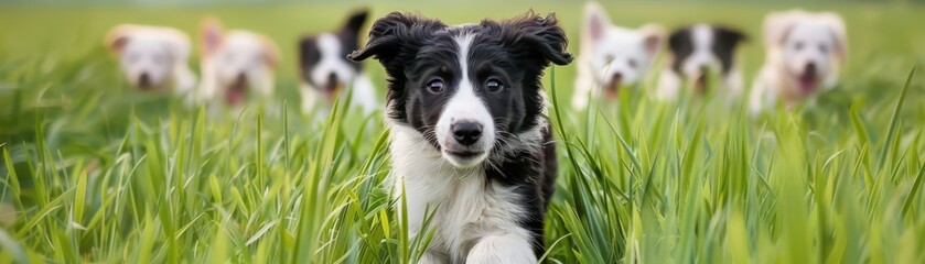 Border Collie puppy running through a field of tall grass, embodying energy and wellness, puppy focus, vitality concept