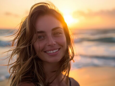 sunkissed portrait of radiant 30something woman on golden beach at sunset windswept hair genuine smile soft focus background of crashing waves and warm orange sky