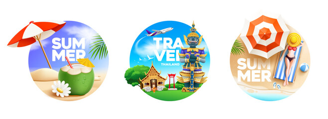 Summer, and Thailand tourism architecture, poster circle present, design collections isolated on white background, Eps 10 vector illustration
