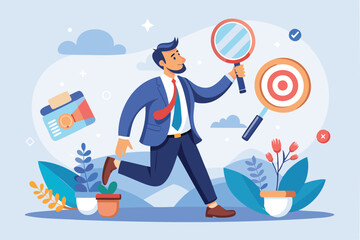 Businessman Analyzing Himself with Magnifying Glass for Self-Assessment and Goal Discovery