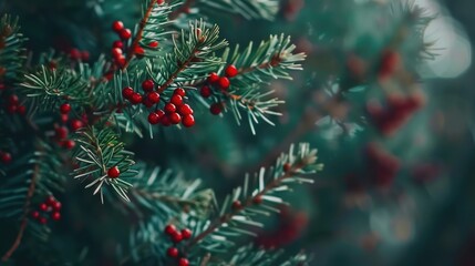 Evergreen branches with crimson core flat lay composition with blurred background