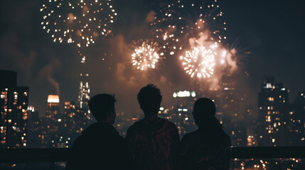 Three people watching fireworks in the city at night time, silhouettes of two men and one woman in a low angle shot. City lights in the background and fireworks illuminating the sky above buildings.
