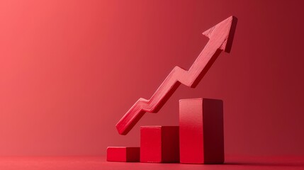 Red arrow pointing up above a red bar chart on a red background. A symbol of growth and success.
